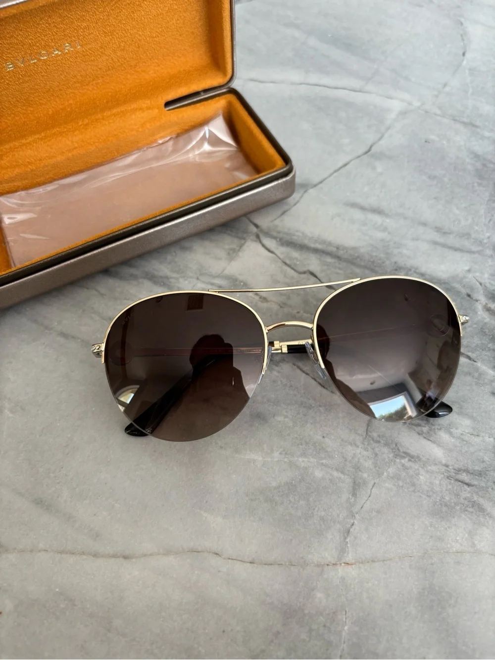 Bulgari Gold Frame Sunglasses with Brown Gradient Lenses and Black Temple Tips